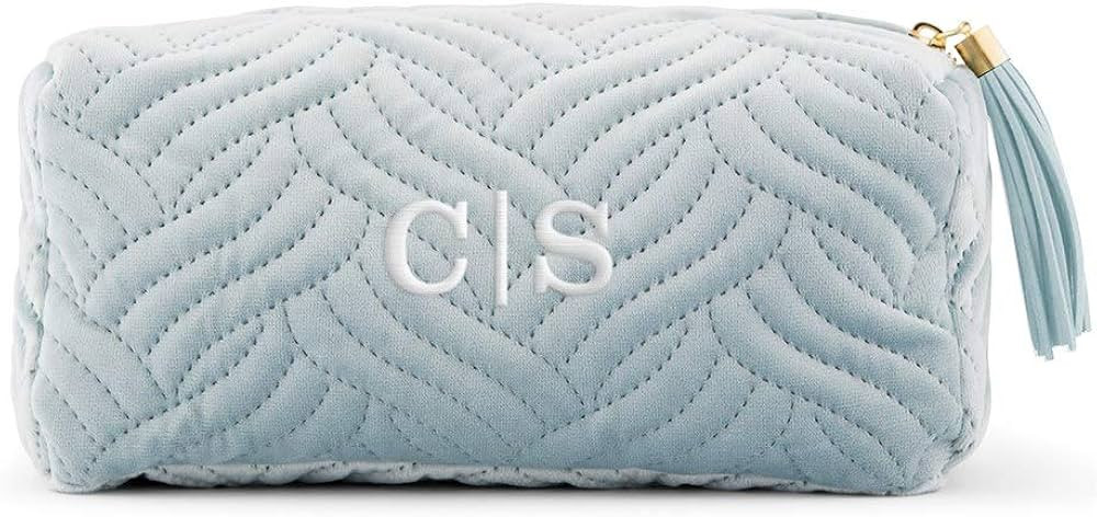 WEDDINGSTAR Small Personalized Velvet Quilted Makeup Bag For Women - Spa Blue | Amazon (US)