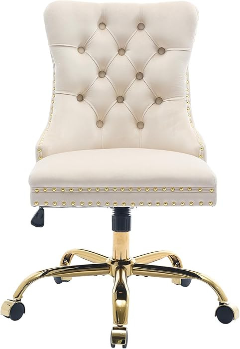 Beige Velvet Home Office Desk Chair with Wheels & Gold Base, Cute Makeup Vanity Chair with Tufted... | Amazon (US)