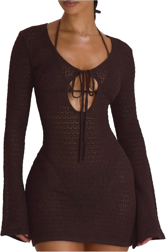 GORGLITTER Women's Crochet Beach Cover Up Dress Swimsuit Tie Front Long Sleeve V Neck Knit Swim B... | Amazon (US)