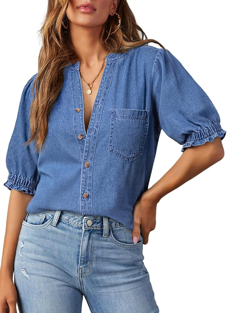 Dokotoo Women Denim Shirt Button Down Casual Short Sleeve V Neck Blouse Summer Tops | Amazon (US)