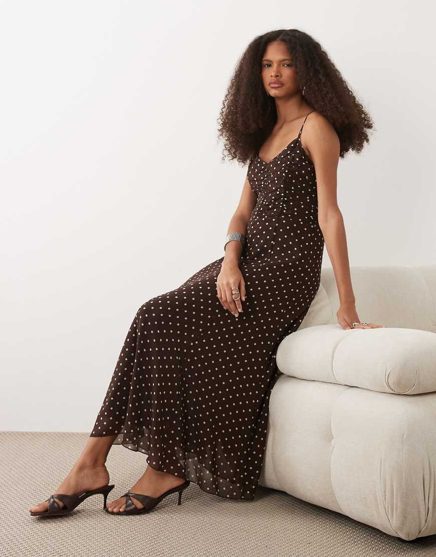 Mango strappy maxi dress with ruched waist in brown and white polka dot | ASOS (Global)