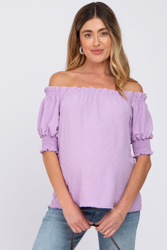 Lavender Swiss Dot Off Shoulder Maternity Top | PinkBlush Maternity
