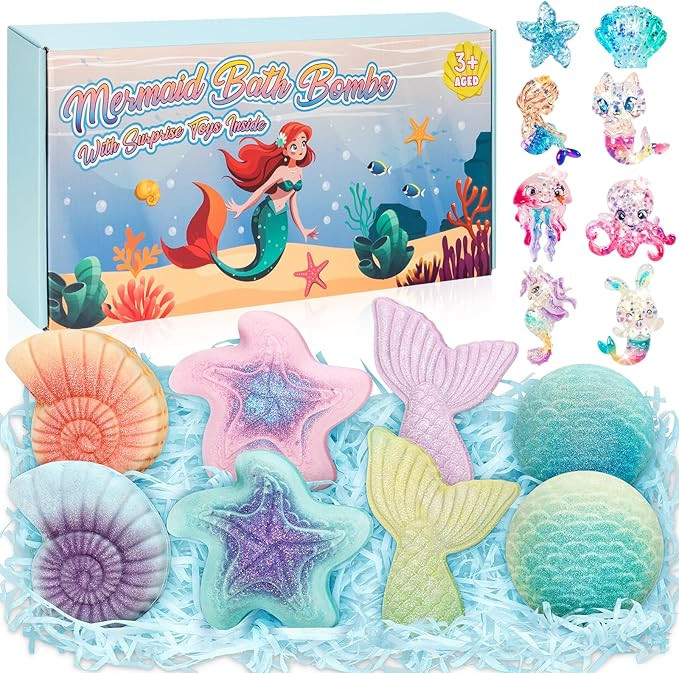 Mermaid Bath Bombs for Kids with Surprise Toys Inside, 8 Pcs Organic Natural Bubble Bath Bombs fo... | Amazon (US)