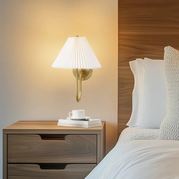 Novogratz X Globe 1-Light Plug-In Or Hardwire Wall Sconce, Matte Brass, Off-White Pleated Fabric ... | Wayfair North America