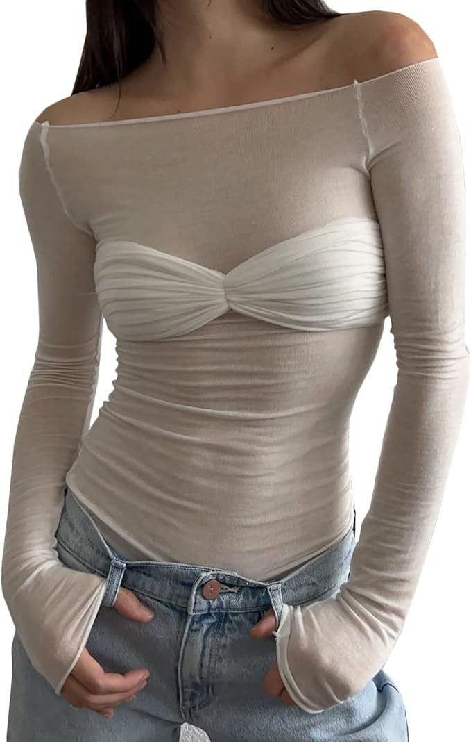 Women's Sexy Crop Top Long Sleeve Off Shoulder Going Out Tops Slim Fit Mesh Ruched Twisted Blouse... | Amazon (US)
