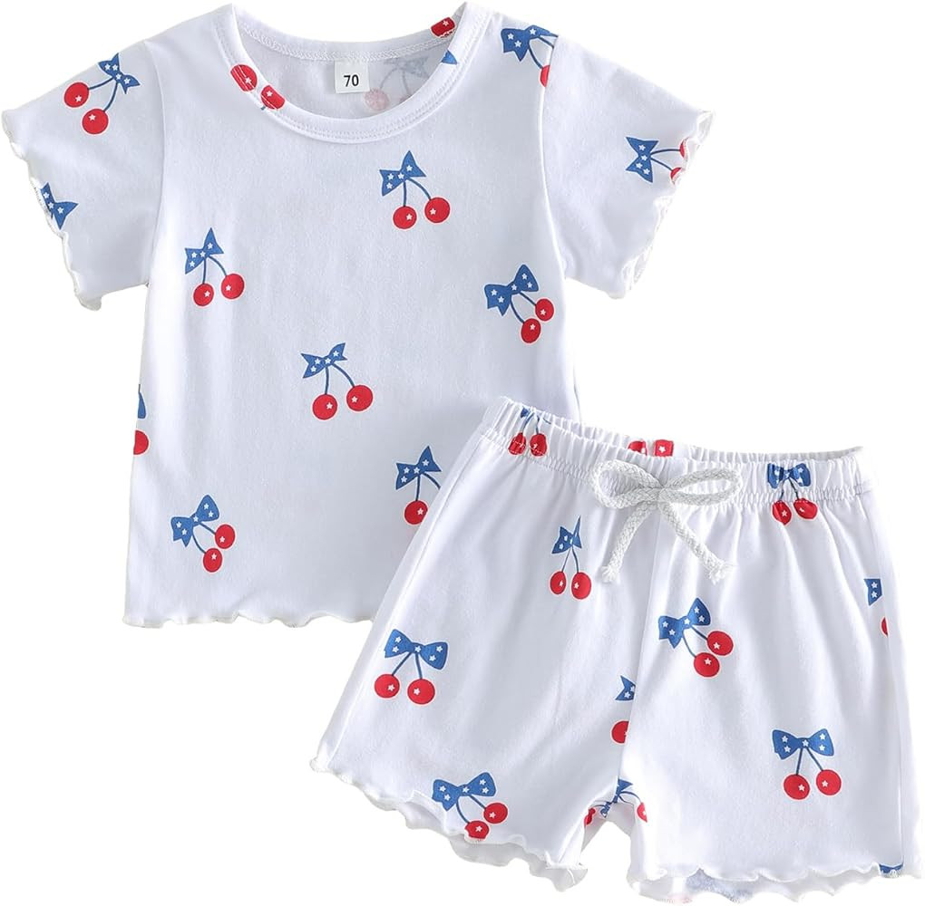 4th of July Baby Girl Boy Outfits Fouth of July Cherry Printed Short Sleeve Tshirt Tops with Shor... | Amazon (US)