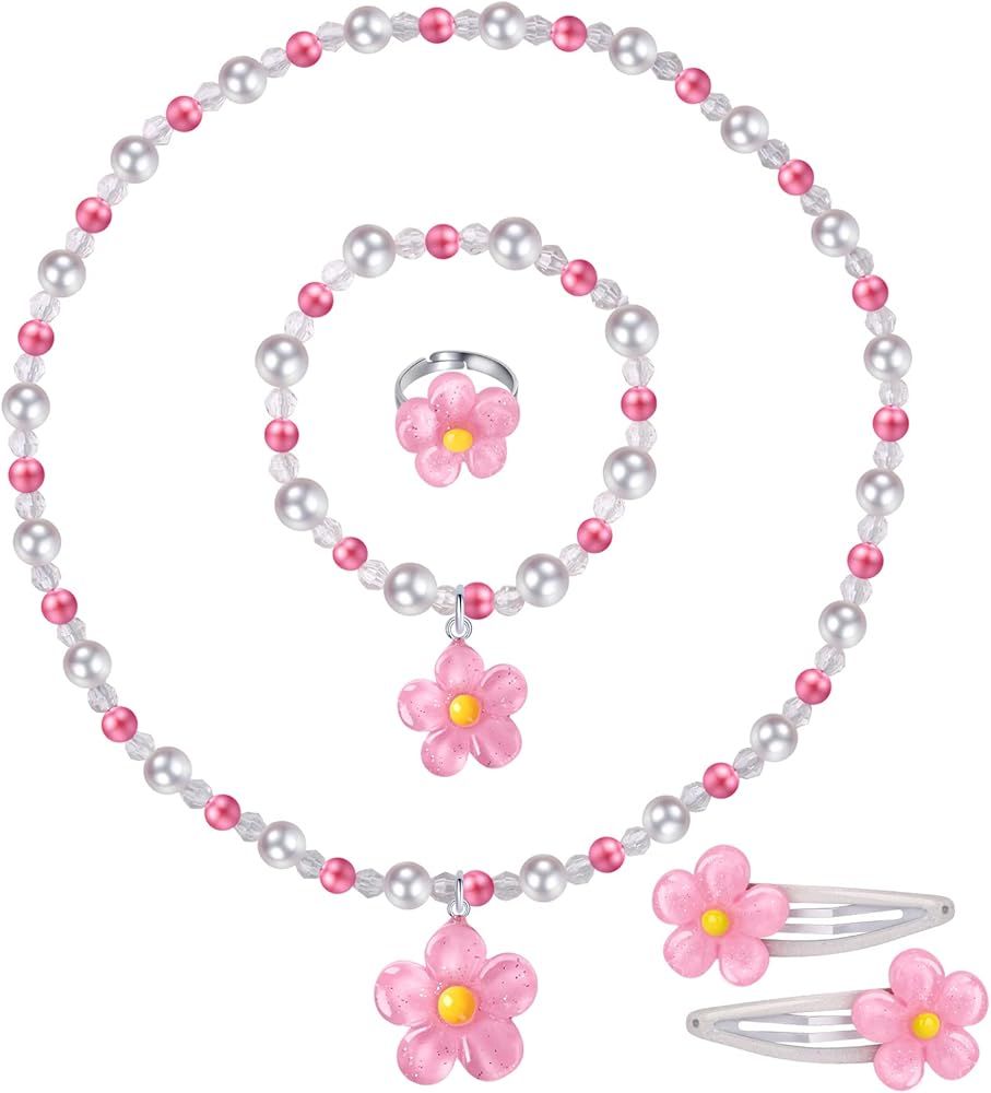 Girls Flower Jewelry Set - Toddler Dress up 5 Piece Pretend Plasy Toy Jewelry Box Set with Bead N... | Amazon (US)