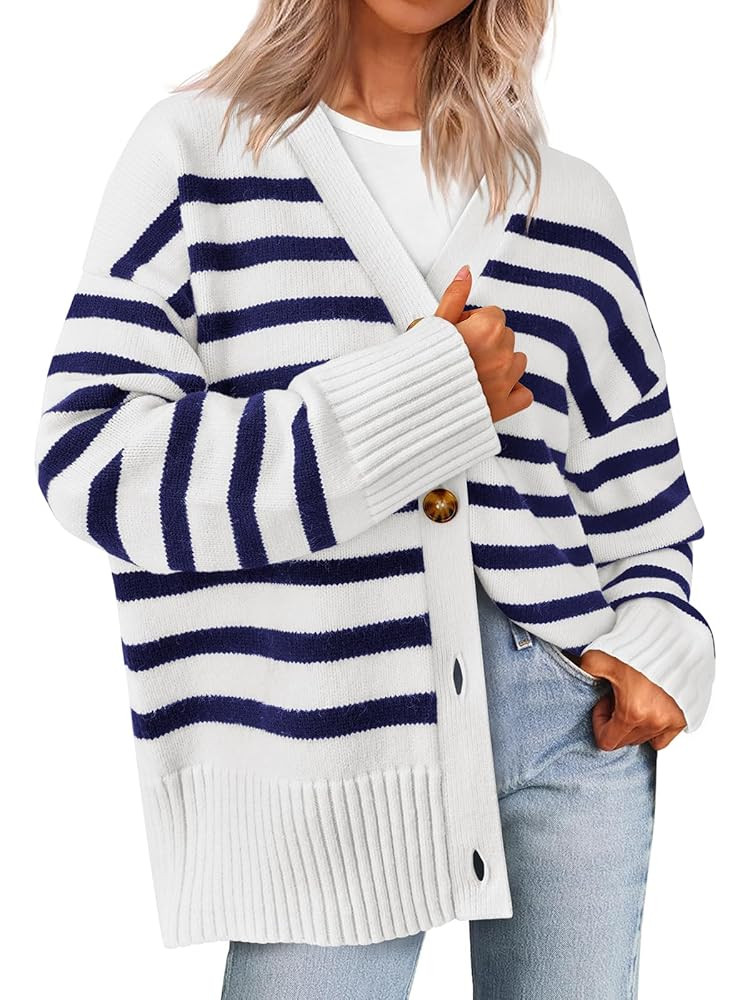 PRETTYGARDEN Women's Long Sleeve Striped Open Front Cardigan Sweaters Button Down Knit Lady Jacke... | Amazon (US)