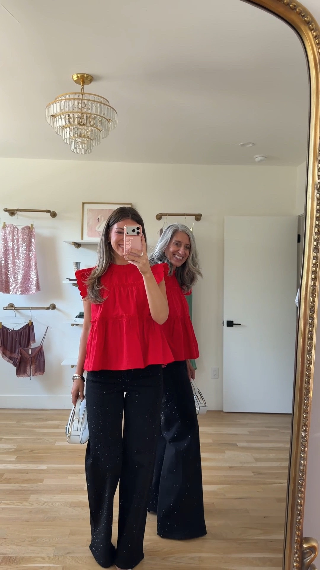 mom & me matching red ruffle-sleeve tiered tops with black wide-leg gemstone detail jeans game day look for your next sporting event! 🏈 
avara code for 15% off: emerson 

i'm 5'4" and typically wear a small/2

mom is 5'4" and typically wears a medium/6

mom & me outfits, mom & me dresses, matching outfits, mother daughter outfits, family photo outfits, fall outfits, fall dresses, autumn outfits, midi dresses, fall dresses, casual outfits, thanksgiving outfits, family photo outfits, fall fashion, autumn fashion, cozy outfits, transitional outfits, neutral outfits, everyday outfits, weekend outfits, women’s fashion, sports, athletic, team colors, game day outfit, football outfit

#LTKU #LTKootd #LTKSeasonal