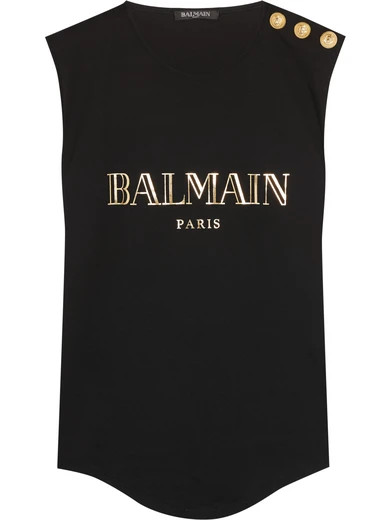 Balmain - Button-embellished Printed Cotton-jersey Top - Black | NET-A-PORTER (UK & EU)