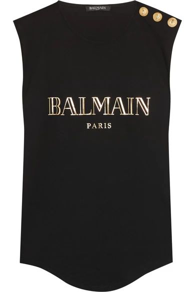 Balmain - Button-embellished Printed Cotton-jersey Top - Black | NET-A-PORTER (UK & EU)