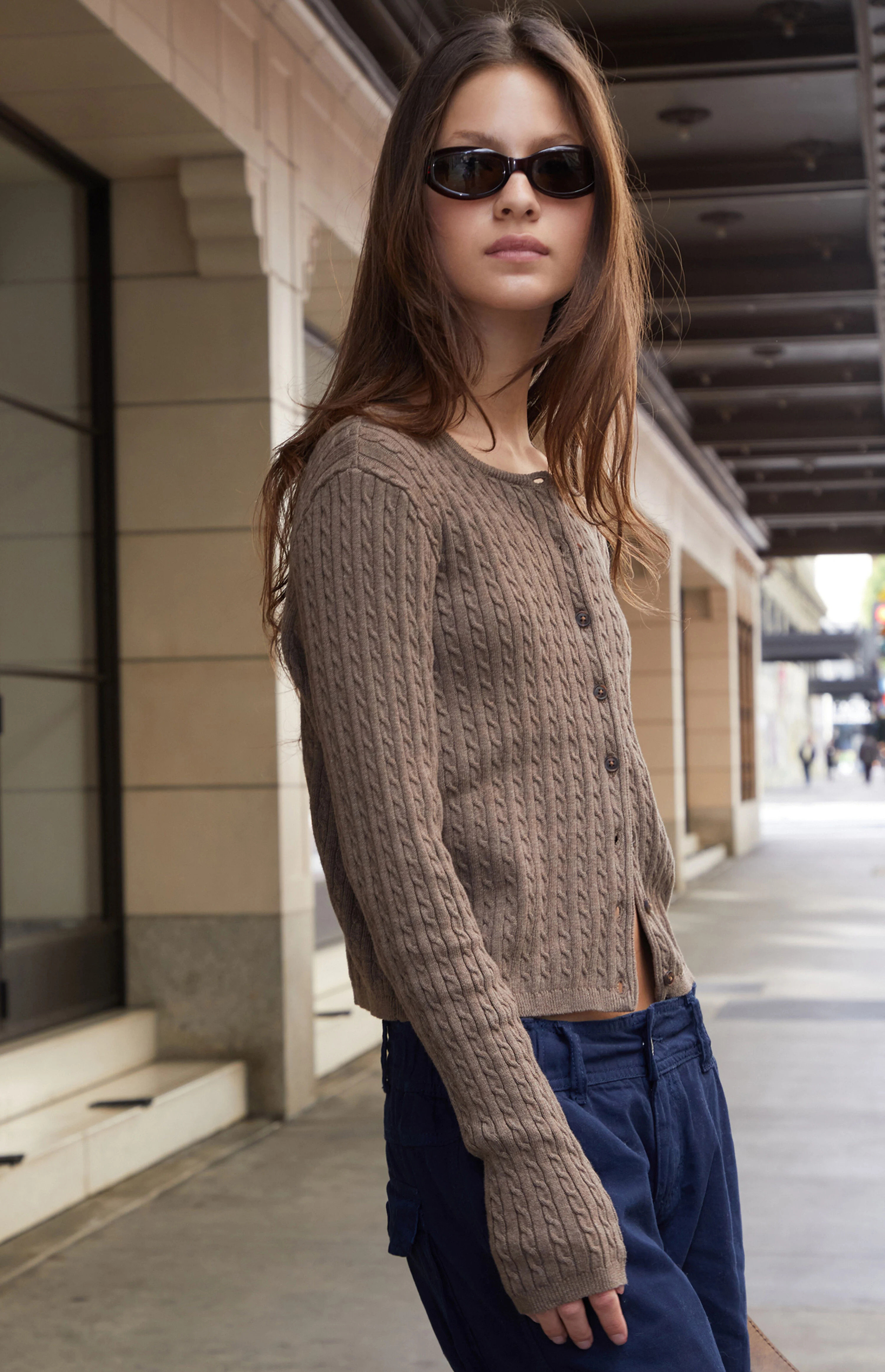 John Galt Brown Zoe Cable Knit Cardigan | PacSun