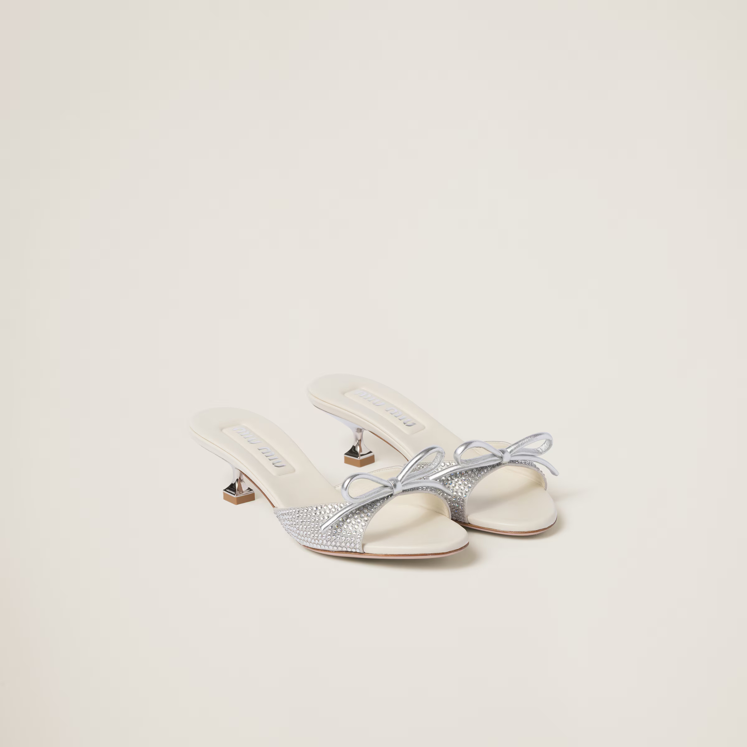 Pearl Gray Satin Sandals With Artificial Crystals | Miu Miu | Miu Miu US