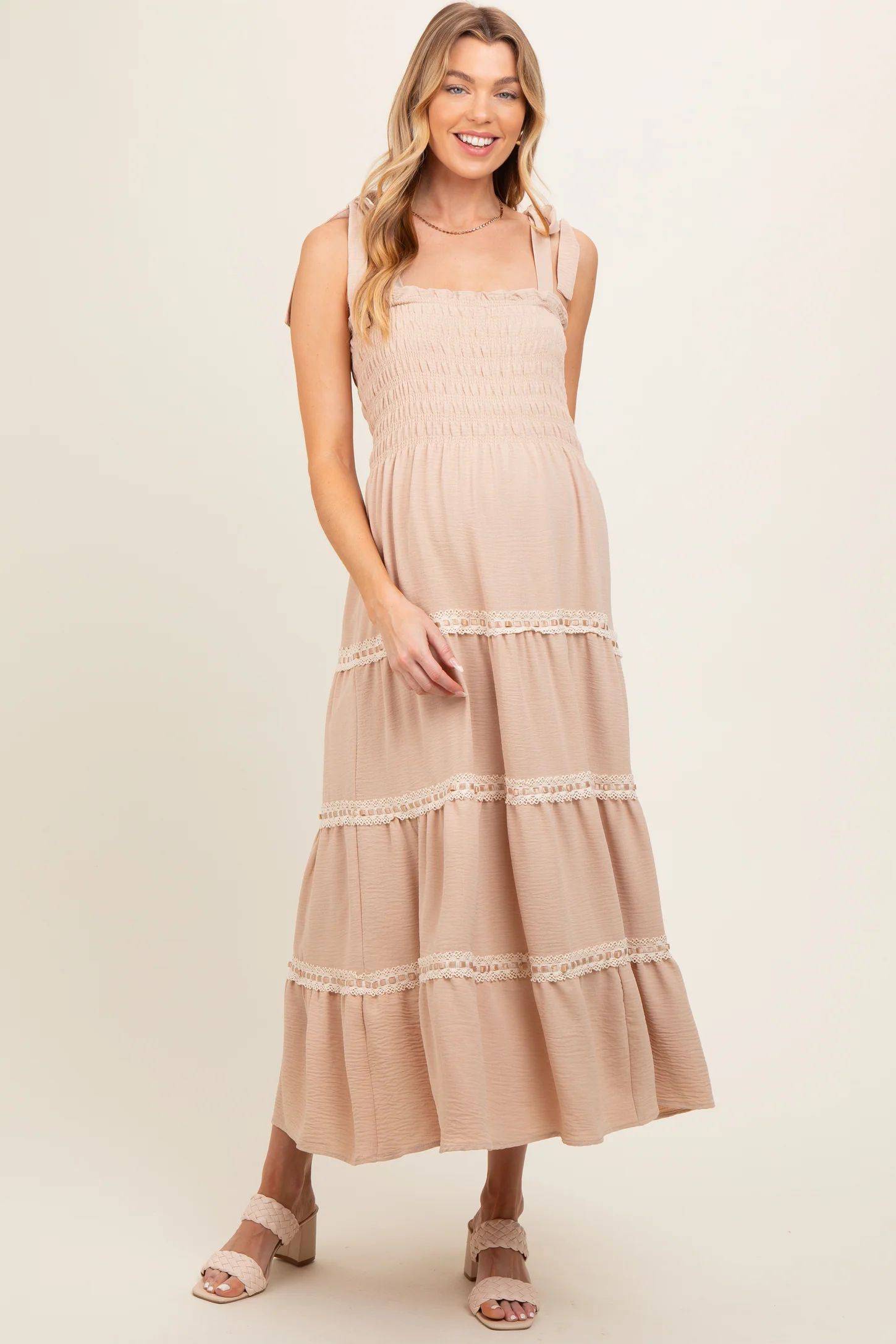 Taupe Smocked Maternity Maxi Dress | PinkBlush Maternity