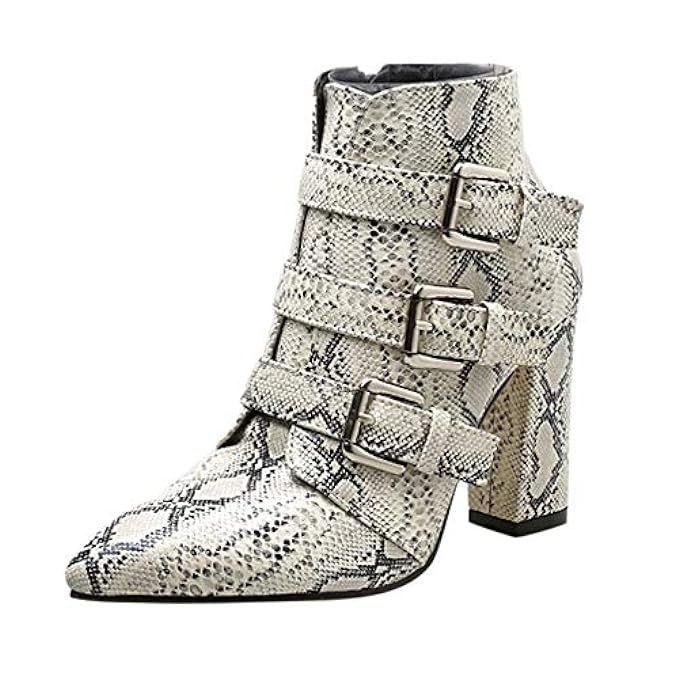 Women Buckle Shoes Boots Snakeskin Pattern Thick Pointed Booties Toe Zip Belt | Amazon (US)