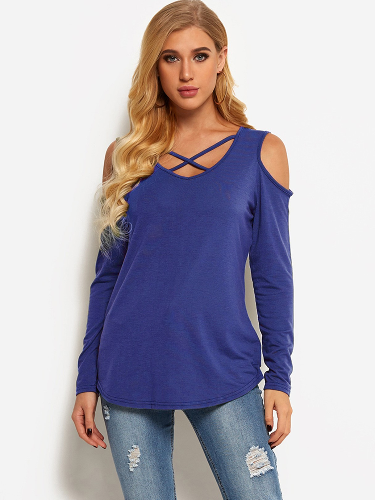 Blue Cold Shoulder Crossed Front Design Plain Round Neck Long Sleeves Blouses | YOINS