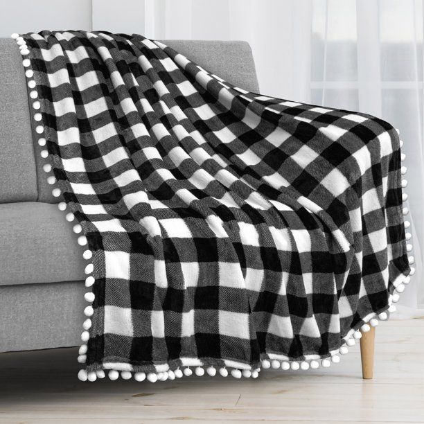 PAVILIA Fleece Throw Blanket with Pom Pom Fringe | Buffalo Plaid Checkered White, Black Flannel T... | Walmart (US)