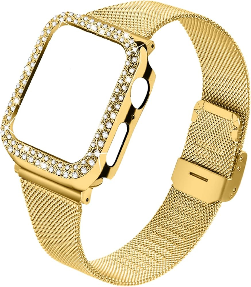Joyozy Stainless Steel Mesh bands Compatible For Apple Watch 44mm, Women Bling Protective Crystal... | Amazon (US)