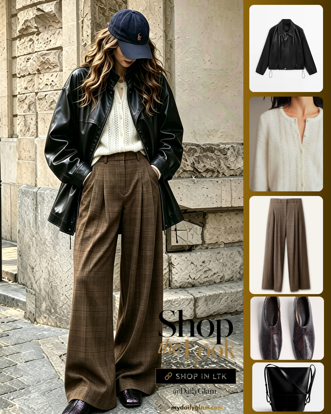 Cool Girl Fall Outfit | Oversized Leather Jacket + Plaid Wide Leg Trousers

#LeatherJacket #FallStreetStyle #PlaidPants #CasualFallOOTD #WideLegTrousers #EdgyChic #AutumnOutfits 

 #LTKootd #LTKOver40 #LTKWorkwear