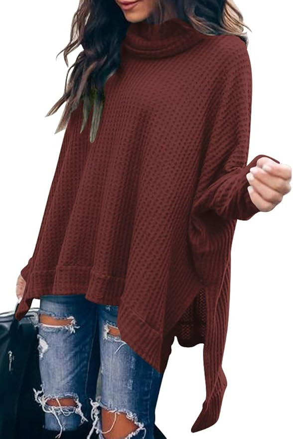 ANRABESS Women Turtleneck Batwing Sleeve High Low Hem Side Slit Waffle Knit Casual Loose Oversize... | Amazon (US)