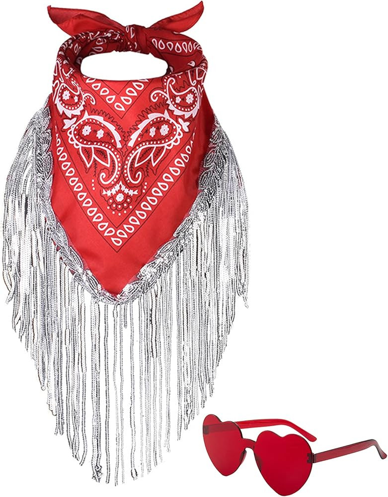 JIANGLAI Fringe Rhinestone Bandana & Heart Sunglasses,Disco Cowgirl Bachelorette | Amazon (US)