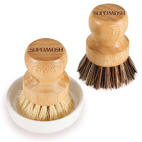SUPERWASH PLUS Bamboo Dish Brush with Ceramic Dish, Natural Bristle Palm Brush Pot Scrubber for Cast Iron Pans Vegetables and Kitchen Sink Cleaning - 2 Pack | Amazon (US)