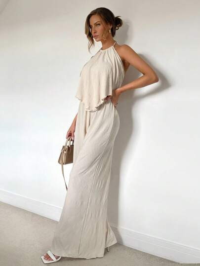 Siren Gaze Spring/Summer Pleated Halter Solid Color Casual Top And Loose Pants 2-Piece Set Chic | SHEIN