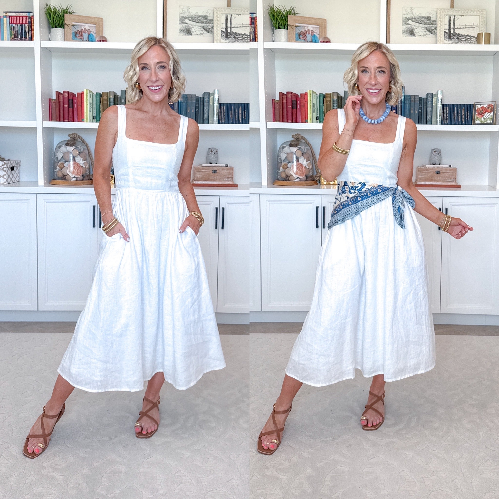 One White Dress - 6-ish ways to wear it: * 100% European Linen Fit & Flare Midi Dress - size XS. 11 colors. Scarf (at waist) - linking both necklaces and both scarves. 

#LTKSeasonal#LTKOver40#LTKTravel