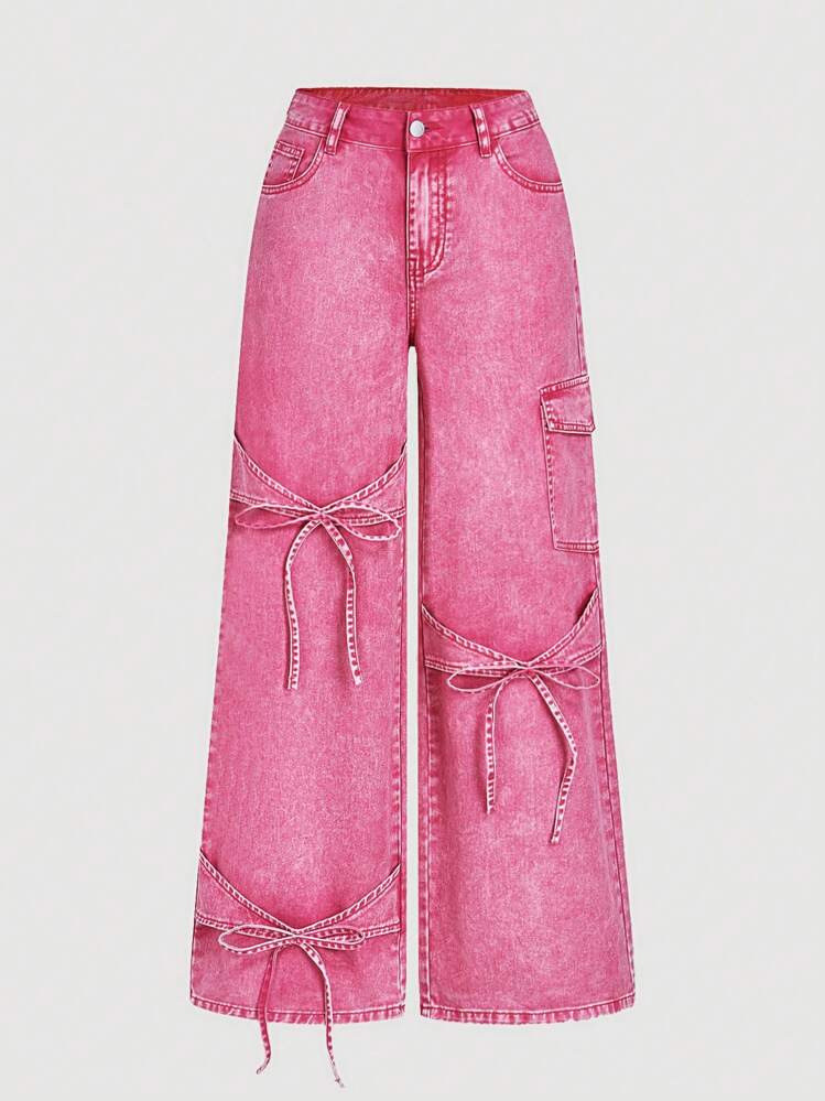SHEIN MOD Women's Sweet Bow Tie Cotton Straight Leg Jeans, Pink | SHEIN