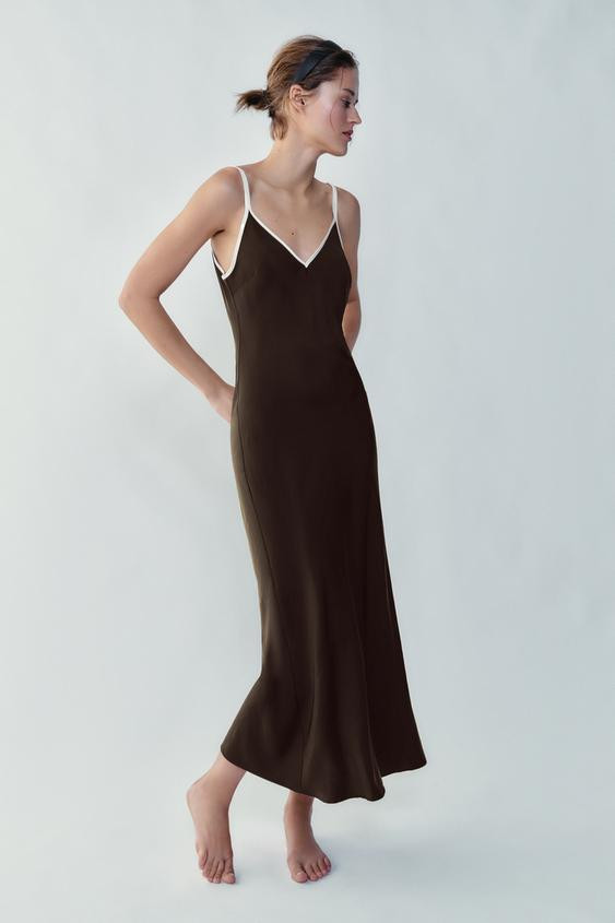 Zara - Contrast Trim Satin Midi Dress - Brown - L - Woman | Zara UK