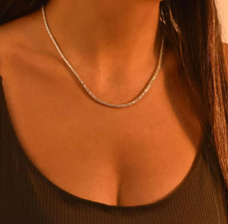 2mm Round Cut Tennis Necklace| 925 Sterling Silver| Iced Out Diamond Tennis Necklace |round Cubic... | Etsy (US)