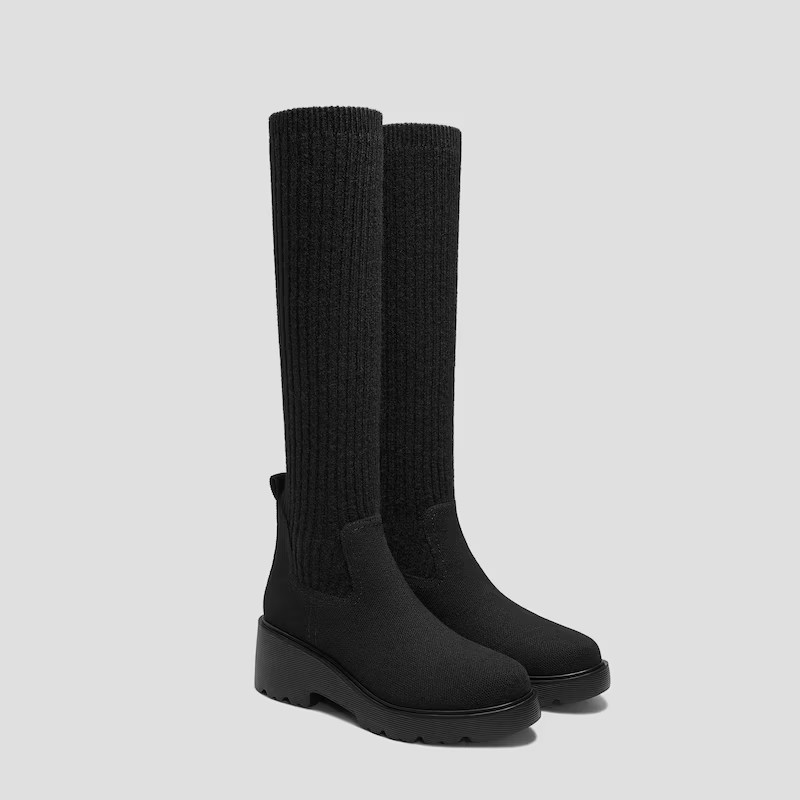 Round-Toe Knee-High Platform Chunky Wool Wedge Boots (Eduarda) | VIVAIA