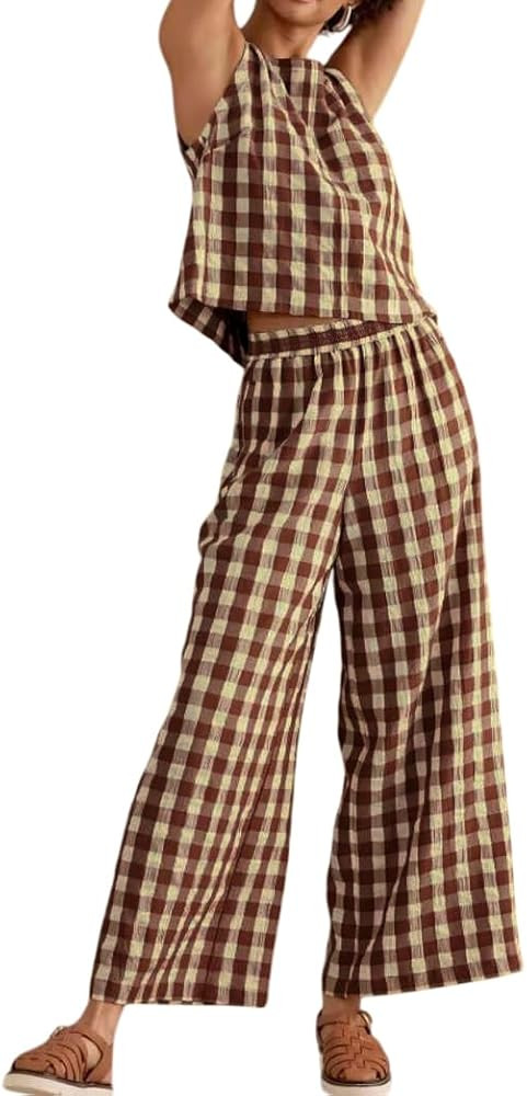 Women 2 Piece Summer Outfits Gingham Lounge Set Y2k Plaid Sleeveless Top Wide Leg Pants Matching ... | Amazon (US)