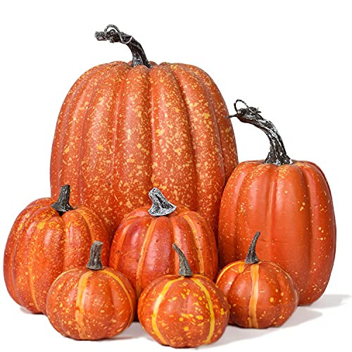 Lvydec Artificial Pumpkins Set Harvest Decoration, 7pcs Assorted Size Orange Pumpkins Realistic Large Pumpkins for Halloween Thanksgiving Autumn Festive Party Supplies (Orange) | Amazon (US)