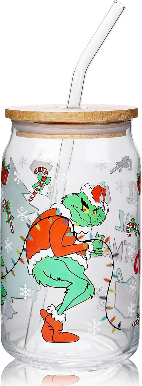 Christmas Gifts for Women Men，Christmas Glass Cup with Lid and Straw ，Christmas Tumbler Drink... | Amazon (US)