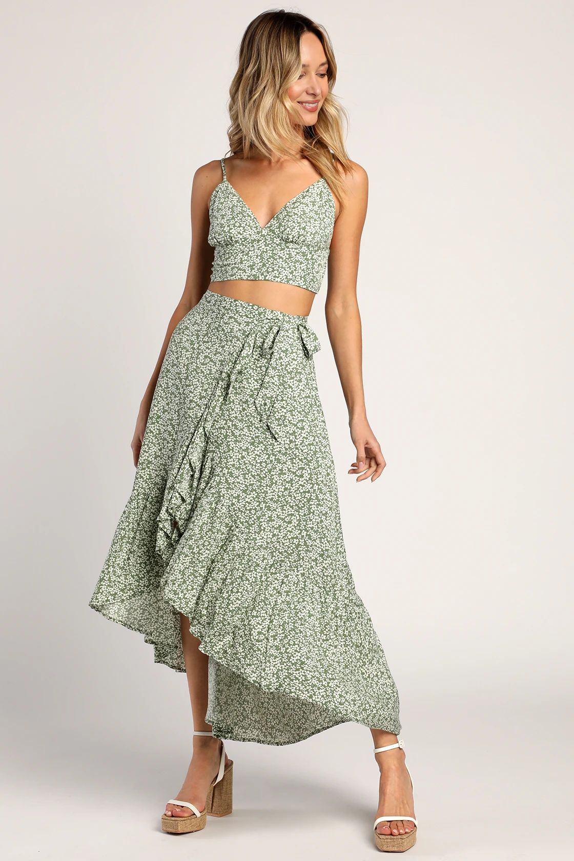 Summer Romance Sage Green Floral Print Two-Piece Midi Dress | Lulus (US)