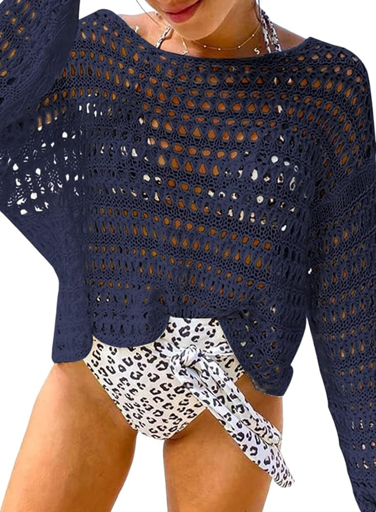 Herseas Women's Summer Crochet Hollow Out Long Sleeve Cover Up Navy Blue Top Beach Navy Blue Sweater | Amazon (US)