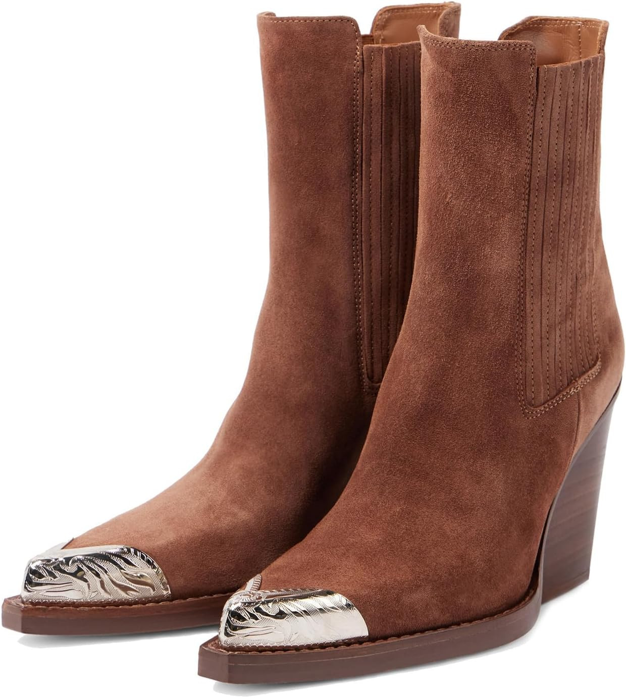 Goolita Suede Western Cowboy Boots For Women Metal Pointed Toe Stacked Block Heel Cowgirl Ankle Boots Vintage Slip On Short Booties | Amazon (US)