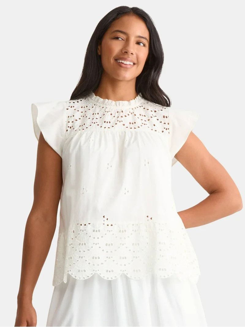 Time and Tru Women's Eyelet Top with Flutter Sleeves, Sizes XS-XXXL | Walmart (US)