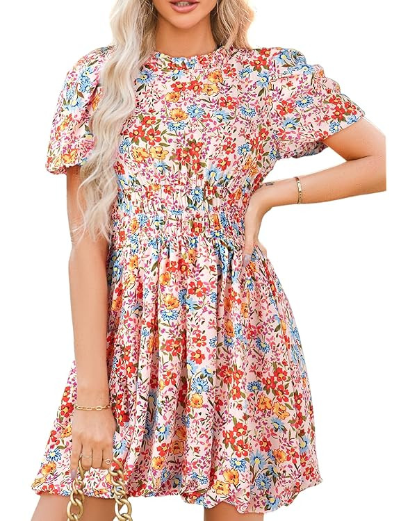 Dokotoo Womens Boho Dresses Crewneck Puff Sleeve Tie Back Smocked Empire Waist Beach Floral Mini ... | Amazon (US)