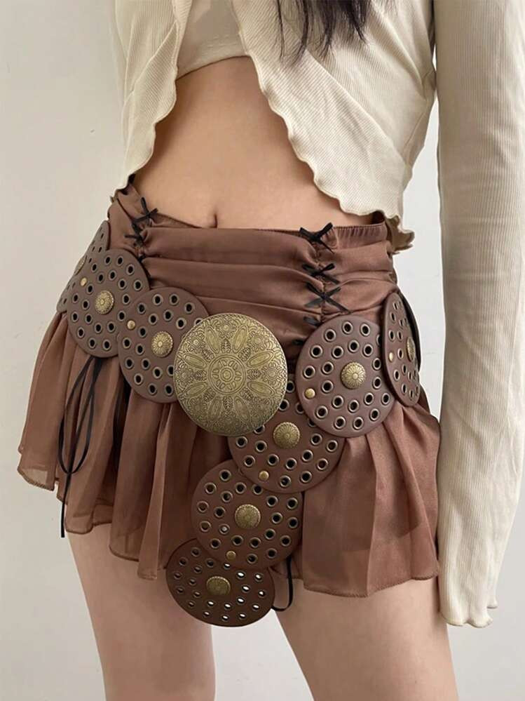 Boho 1pc Women's Coffee Color Western Style Hollow Out Metal Grommet Circle Pu Belt | SHEIN