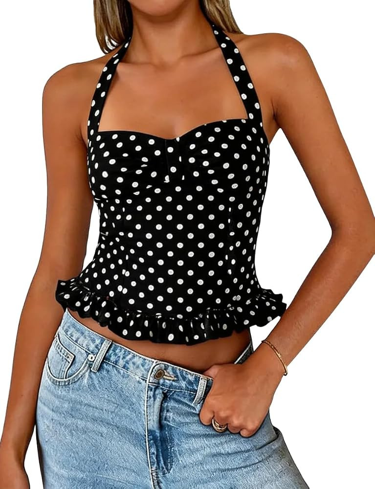 FOMELY Women Polka Dot Halter Top Y2K Tie Backless Going Out Streetwear | Amazon (US)
