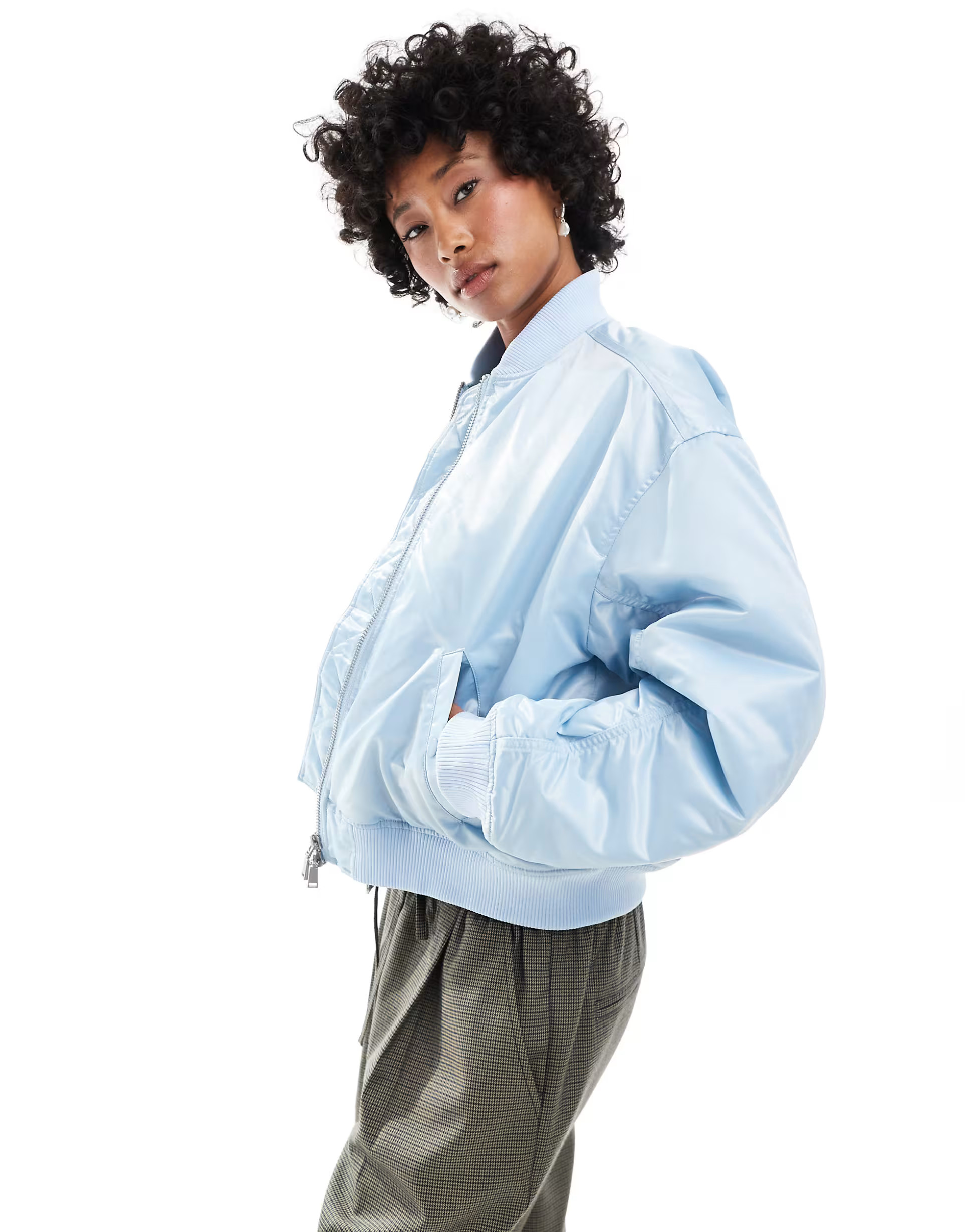 Monki high shine bomber jacket with front welt pockets in blue | ASOS (Global)