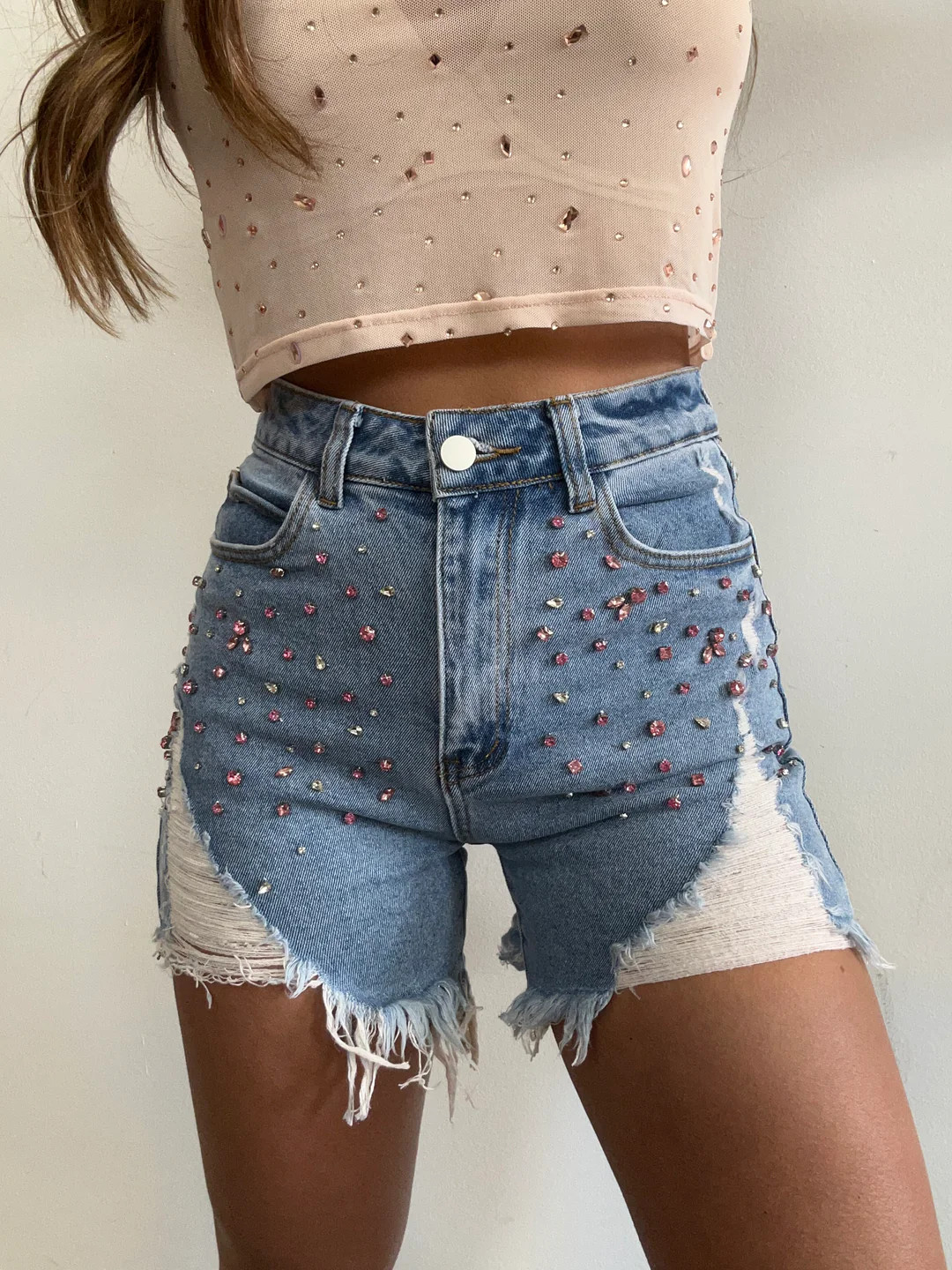 Sprinkled In Rhinestones Distressed Denim Shorts | Willow Boutique