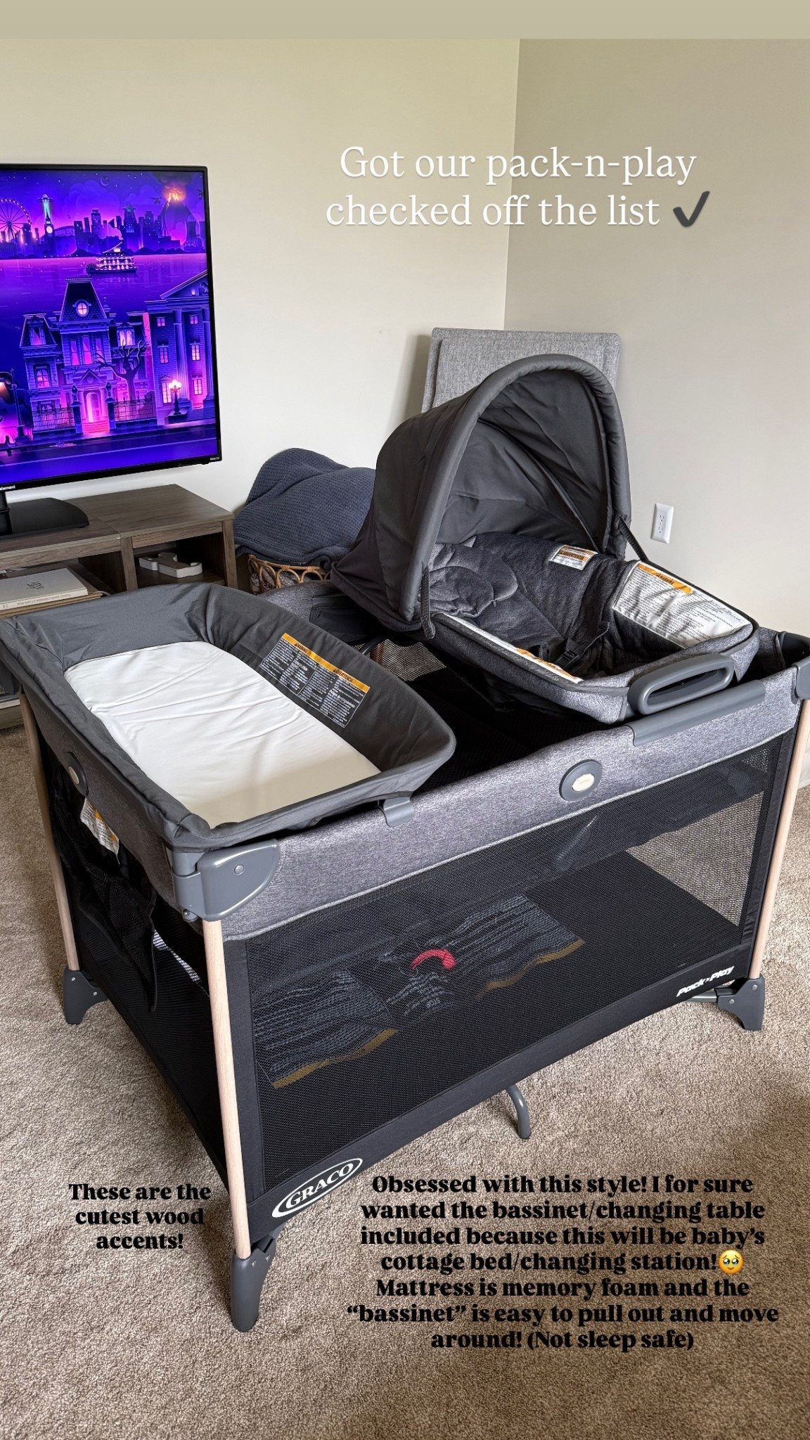 Lux Graco Pack-n-play! Comes with the net to raise the mattress for newborns, memory foam mattress, changing station & removable bassinet/seat that will be so handy! 

#LTKmomlife