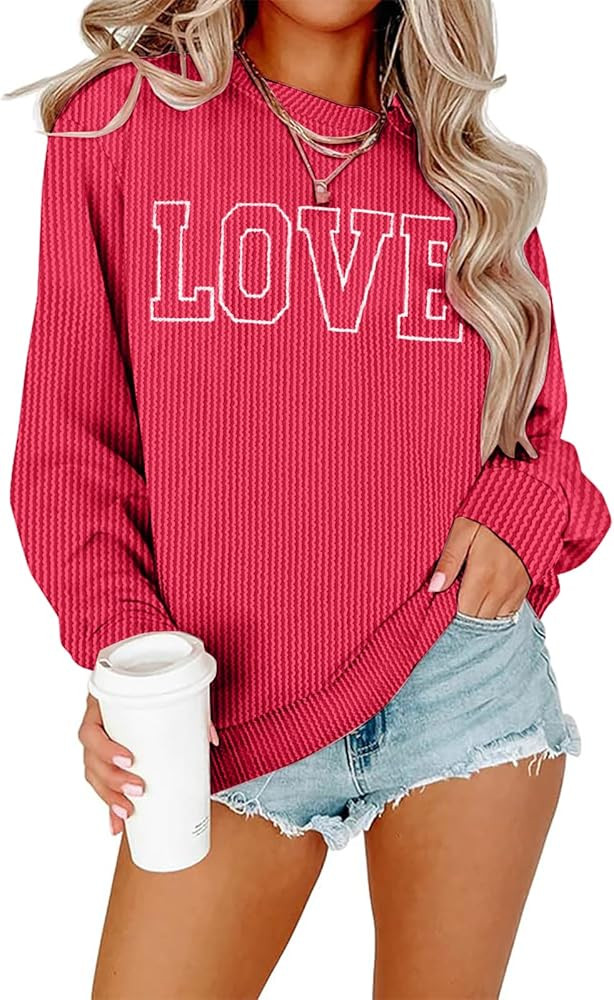 Cute Valentines Sweatshirt Women Love Heart Shirts Ribbed Textured Knit Casual Shirt Lightweight ... | Amazon (US)