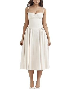 Womens Corset Dress Elegant Spaghetti Strap Midi Dress Flowy Pleated Hem Low Cut Prom Dresses Flo... | Amazon (US)