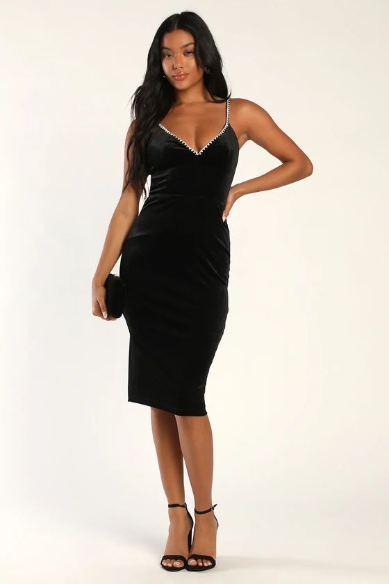 Glam Gorgeous Black Velvet Rhinestone Bodycon Midi Dress | Lulus (US)