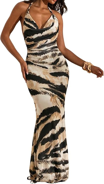 Amazon.com: GORGLITTER Women's Animal Print Backless Halter Cocktail Maxi Dresses Cowl Neck Summe... | Amazon (US)