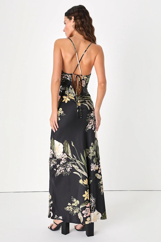All About the Drama Black Floral Satin Cowl Neck Maxi Dress | Lulus (US)